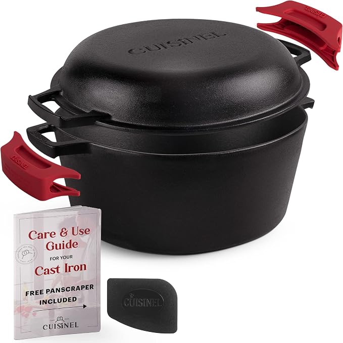Cuisinel Cast Iron Dutch Oven 7-Qt Pre-Seasoned 2-in-1 Multi-Cooker with Lid that Doubles as a 12" Skillet, Silicone Handle Covers & Pan Scraper for Baking, Frying, Camping & Everyday Cooking