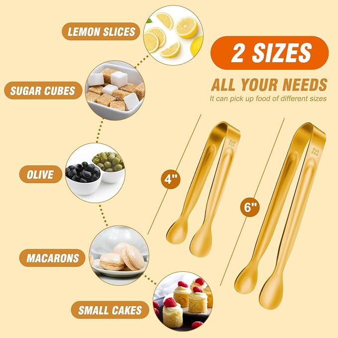 12PCS Mini Tongs For Serving, 2 Sizes 6 & 4 Inch Ice Tongs Mini Gold Sugar Stainless Steel Tong, Small Kitchen Tiny Food Tongs for Appetizers,Tea Party, Coffee Bar,Desserts & Ice Bucket
