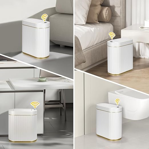 ELPHECO Motion Sensor Bathroom Trash Can with Lid 2 Gal Automatic Trash Can | Butterfly Lid, Room Decor Bathroom Accessories, Motion Sensor Wastebasket Garbage Can, Kitchen Living Room Office, White Gold