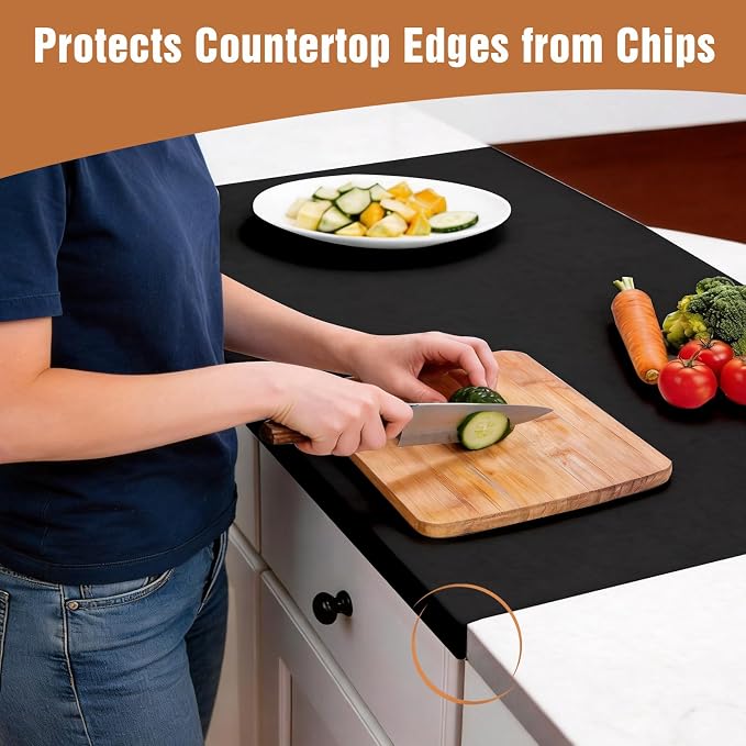 Silicone Mat for Kitchen Counter with Edge Protection – Quartz Countertop Protector, Heat Resistant & Non-Slip, Easy Clean, 100% Food Grade Silicone, 28"x20" (Black)