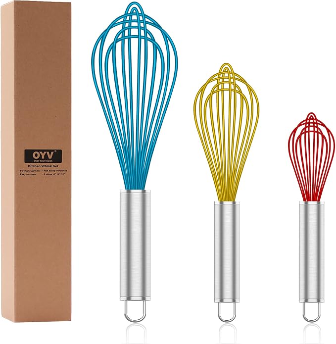 OYV Whisk,Sturdy Stainless Steel Wires Coated in Professional Silicone,3 Pack Whisks for Cooking,Mini Whisk,Colored Balloon Egg Beater for Blending,Whisking,Beating,Stirring,Cooking,Baking (Multi) | BPA-Free Silicone, Heat Resistant Up to 480°F, Stainl...