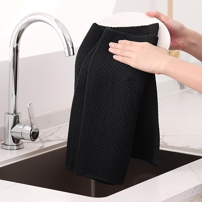 Homaxy 100% Cotton Oversized Waffle Weave Kitchen Towels 6-Pack, Black | 20 x 28 Inches, Ultra Soft Absorbent Dish Towels, Quick Drying Large Cleaning Towels