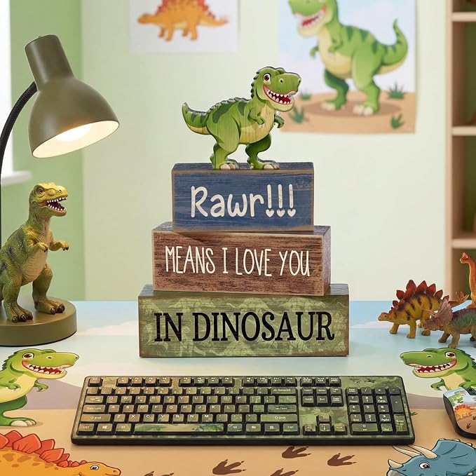 Lineshading 4 Pcs Dinosaur Table Decorations Wooden Dino Safari Party Decor | Rustic Tabletop Decorations for Home, Dinosaur Themed Signs, Tiered Tray Filler, Back to School Decor, Beach Style Accents