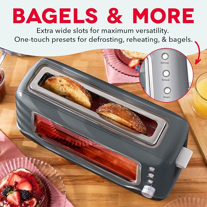 DASH Clear View Toaster: Extra Wide Slot Toaster with See Through Window - Defrost, Reheat + Auto Shut Off Feature for Bagels, Specialty Breads & other Baked Goods - Grey