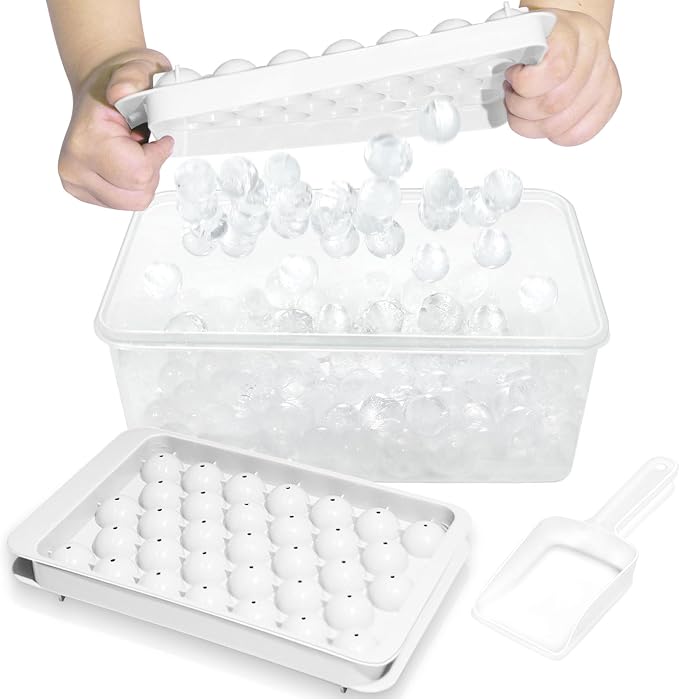 Ice Cube Tray with Lid and Bin, 1" Round Ice Trays for Freezer | 2 White Ice Cube Trays with Ice Box & Scoop, 1" Round Ice Balls for Iced Coffee & Juice, Easy Twist Release, For Gatherings