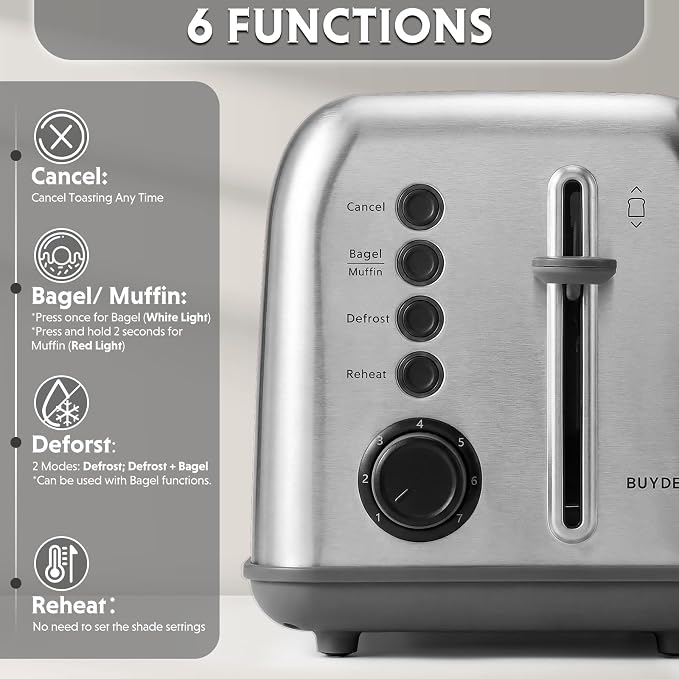 BUYDEEM DT620 2-Slice Toaster, 7 Shade Settings, Extra Wide 1.5'' Slots for Bagel & English Muffin, 6 Toasting Functions, Retro Stainless Steel Toaster with High Lift Lever, Silver