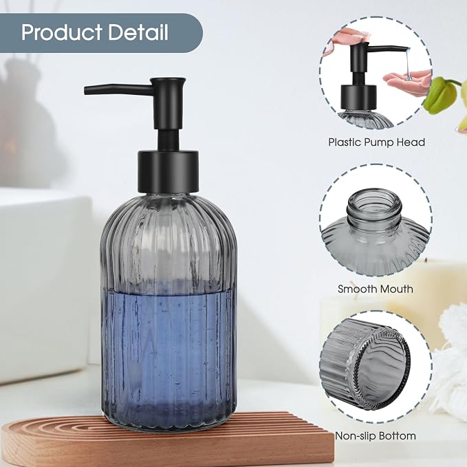 Topsky Glass Soap Dispenser with Plastic Pump, 400ml Liquid Hand Soap Dispenser, Rustproof Pump for Kitchen & Bathroom, Great for Lotions, Essential Oil, Liquid Soaps,Gray