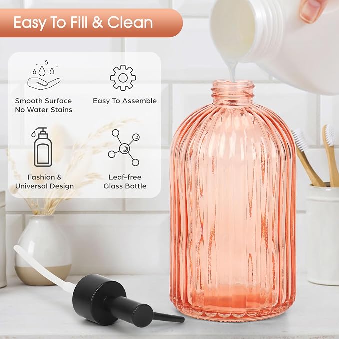 Topsky Stripe Glass Soap Dispenser with Black Plastic Pump, 400ml Liquid Hand Soap Dispenser, Rustproof Pump for Kitchen & Bathroom, Great for Lotions, Essential Oil, Liquid Soaps-Pink Orange