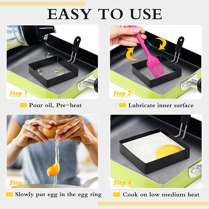 2-Pack 4'' Square Egg Rings Set with Silicone Handle, Stainless Steel Egg Cooking Rings，Nonstick，For Frying Eggs and English Muffins Pancake, Egg Mold Shaper For Breakfast