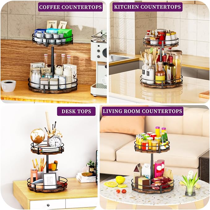 Heavy-Duty 2-Tier Lazy Susan Organizer, Adjustable to Different Heights, Countertop Spice Rack, Upgraded Thickened Wooden Board, Suitable for Seasoning Organizer, Kitchen Organization