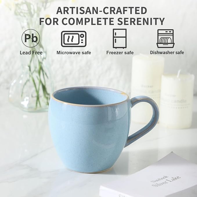 Coffee Mugs Set of 4, Stoneware 16 Oz Coffee Mugs for Cappuccino Latte Cocoa and Tea, Ceramic Coffee Cups with Handle,Sky Bule Mugs for Housewarming Gifts, Microwave and Dishwasher Safe
