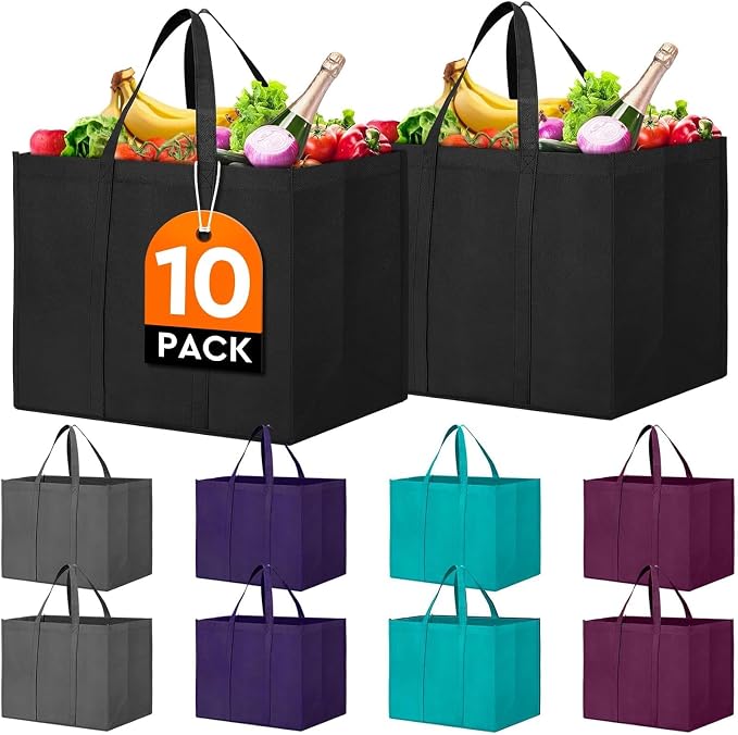 Reusable Grocery Shopping Bags 10 Pack Large Foldable Tote Bags Bulk | Eco Produce Bags with Long Handle for Shopping Groceries Clothes (New 5 Colors)