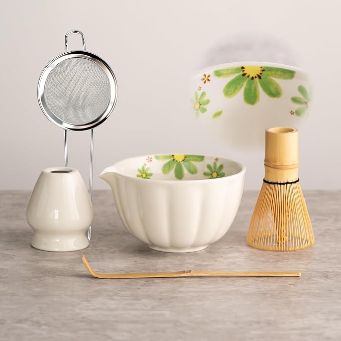 TANG PIN Premium Matcha Set - Japanese Traditional Matcha Making Kit | Matcha Bowl (Chawan), Bamboo Whisk (Chasen) & Holder - Complete Matcha Maker Starter Tools for Matcha Tea & Latt (Daisy)