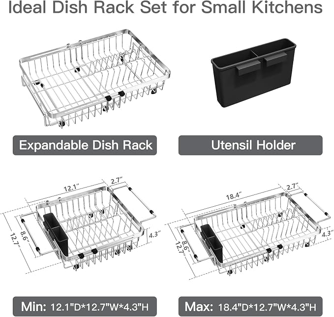 Dish Drying Rack Over The Sink with Utensil Holder | Expandable Stainless Steel Dish Drainer for Small Kitchen, Apartment, RV, Counter Space Saving, Perfect Fit, Rustproof