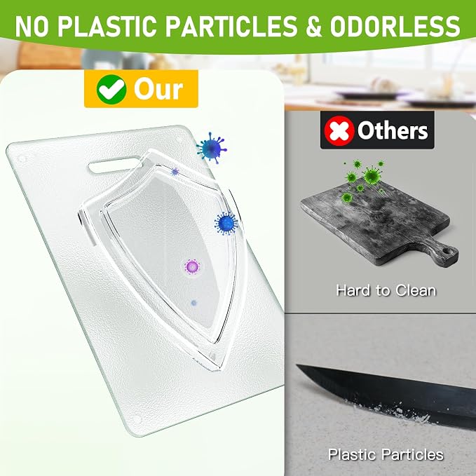 Tempered Glass Cutting Board for Kitchen, 2PCS Clear Chopping Board with Handle (16"x12" & 12"x8"), Plastic Free, Scratch Resistant, Heat Resistant, Dishwasher Safe, Non-toxic, Easy to Clean
