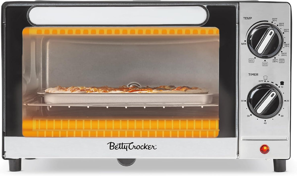 Betty Crocker 9L 2-Slice Toaster Oven, 1000 Watts, BC-5665B, Black/Silver | Chrome Plated Front, Stainless Steel Handle, Bake, Broil & Toast Functions, Easy Control Dials, Includes Baking Pan & Rack