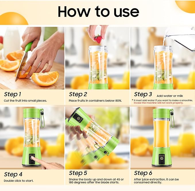 Mini Portable Smoothies Travel Blender - Personal Size Blender | 380Ml Juice Cup BPA Free, 6 Stainless Steel Blades, Powerful Blending Easily Squeezed Fresh Juice in Sports/Gym/Picnic