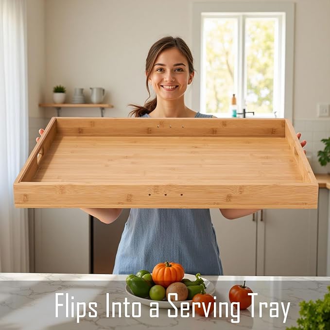 Buruis Bamboo Stove Cover for 28.82 x 20.83 Inch Gas & Electric Stoves | Noodle Board Design with Juice Groove, Extra Counter Space, Built-In Handles, Multi-Purpose Kitchen Serving Board