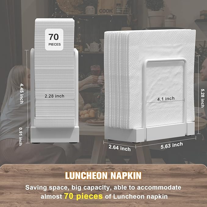 Wican Napkin Holder for Table, Bamboo Iron Standing Napkin Dispenser | Kitchen Dining Table Farmhouse Cocktail Picnic Bar Rustic Wood Holders, Mail Bills, Suitable All Dining Room Decors, White