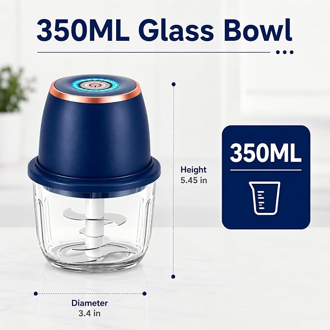 Electric Garlic Chopper, 350ml Mini Food Processor with 6 Stainless Steel Blades & Thickened Glass Bowl, USB Rechargeable Portable Food Grinder for Garlic, Onion, Nuts, Meat, Chili & Fruit(Blue)