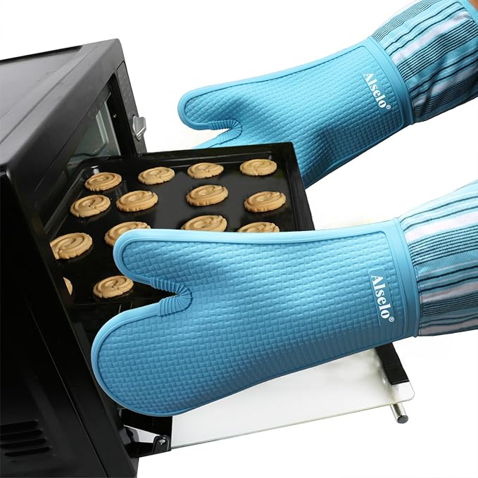 Alselo Silicone Oven Mitts Set, Heat Resistant 550 Degree,7.5"x16" | Extra Long Kitchen Mittens,Waterproof & Non-Silp Oven gloves for Baking Cooking Barbecue Microwave (Extra Long Sapphire, 2)
