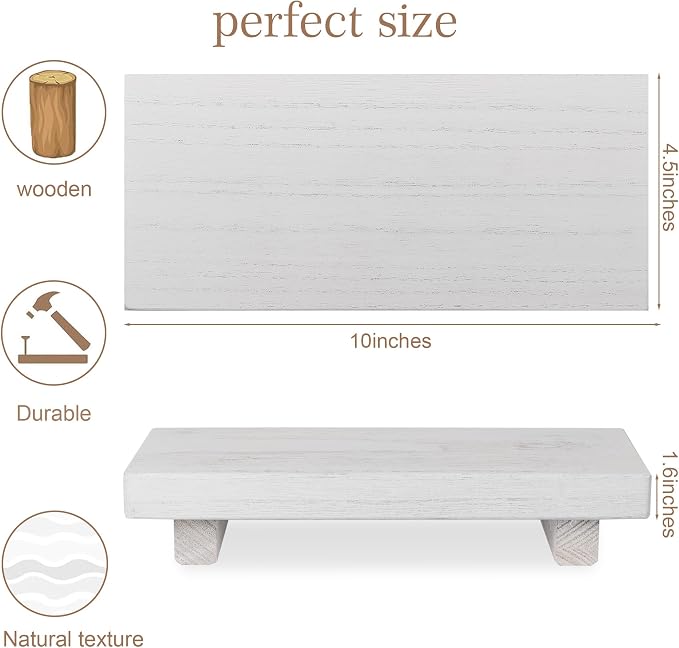 Wood Bathroom Tray Farmhouse Decor Kitchen Soap Holder, 10"x4.5" White | Waterproof, Lightweight, Easy Clean, Small Wooden Riser Pedestal Stand Accessories for Office Desk, Vanity, Counter, Sink
