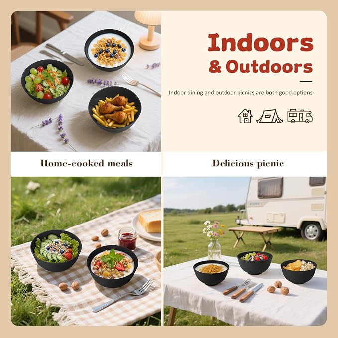 Wheat Straw Camping Bowls Sets of 6,Unbreakable 26oz Lightweight Bowls Sets for Outdoors Activity,Breakfast Bowls for Cereal and Salad.Black Series