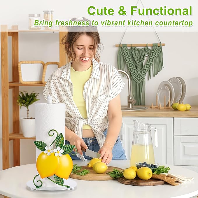 Lemon Paper Towel Holder Countertop for Kitchen, 3D Handmade | Freestanding Kitchen Roll Holder with Weighted Base, Lemon Housewarming Gifts for Women, Fit Most Sizes of Paper Rolls, Metal