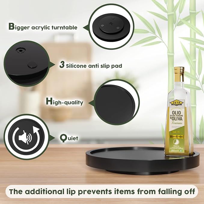 Turntable Vanity Tray, 9 Inch Bamboo Kitchen Sink Countertop Organizer | Perfume Candle Tray, Keep Glass Sponge and Soap, Bathroom Countertop Organizer, Black