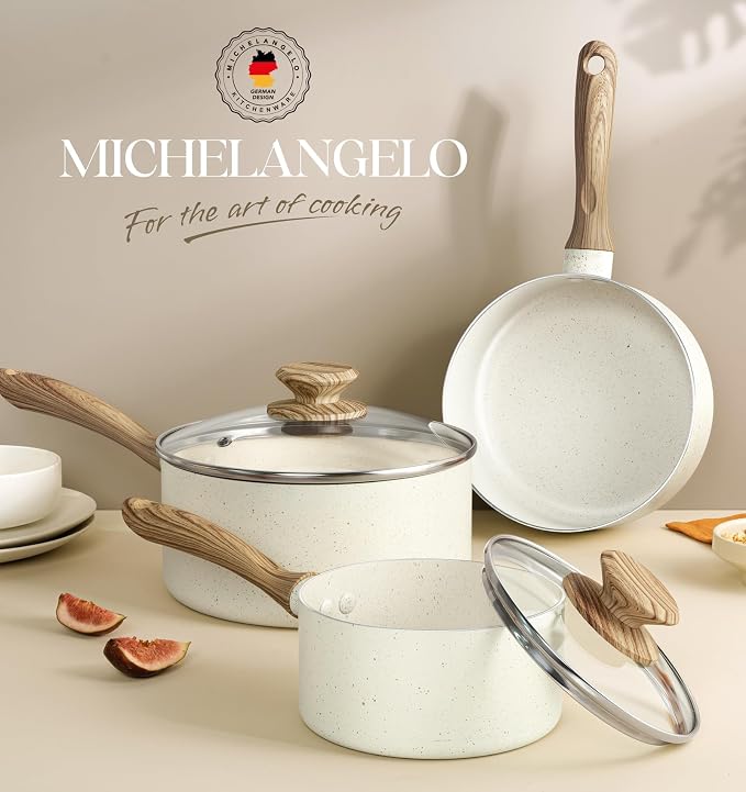 MICHELANGELO 3 Quart Saucepan with Lid, Nonstick Sauce Pan, Small Sauce Pot with Granite Coatings, Bakelite Handle, Dishwasher-Safe, White