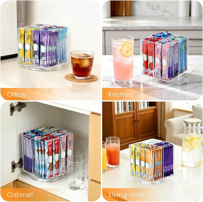 AIEVE Drink Packet Organizer, Lazy Susan Organizer for Water Flavor Packets, Drink Mix Rotating Turntable Sugar Packet Holder Container for Pantry Organizers and Storage, Square