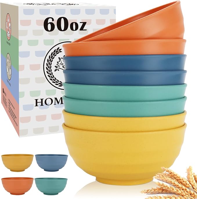 Large Bowls, 60 Oz Salad Bowls, Large Cereal Bowls, 8PCS Unbreakable Wheat Straw Serving Bowls for Pho, Popcorn, Soup & Oatmeal, Microwave & Dishwasher Safe for Kitchen, Camping (Multi)