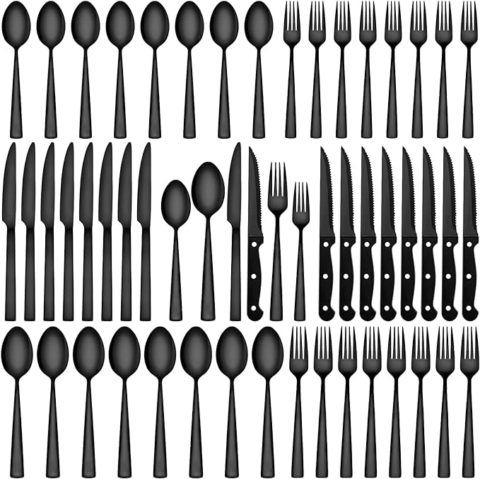 72-Piece Black Silverware Set with Steak Knives for 12, Black Flatware Set | CEKEE Stainless Steel Tableware Cutlery Set, Kitchen Utensils Set for Home & Restaurant, Heavy Duty & Mirror Finished