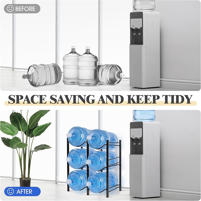 Klvied 5 Gal Jug Rack, 3 Tier for 6 | Heavy duty steel, built-in lifter, includes cap, holds 6 bottles, kitchen/office/gym