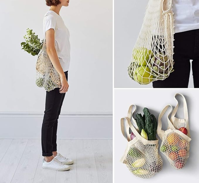 Lemonfilter 5 Pack Cotton Mesh Grocery Bags with Long Handle (4 Color) | Reusable Washable Mesh Produce Bags, Foldable Long Handle Eco Net Tote for Fruit, Vegetables and Farmers Market Shopping