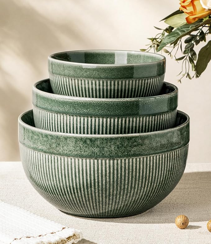 GBhome Ceramic Mixing Bowls Set of 3, Stoneware Nesting Serving Bowls, | 45/90/150 oz For Prep, Baking, Serving, Gift, Microwave and Dishwasher Safe, Ribbed Dishware Collection,Dark Green