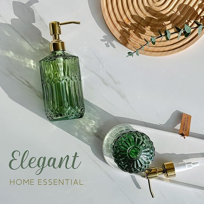 JASAI 2Pack 18Oz Green Glass Soap Dispenser with Gold Rust Proof Pump | Refillable Dish Soap Dispenser for Kitchen, Bathroom Soap Dispenser for Hand soap, Lotion, Body Wash, Liquid Soap