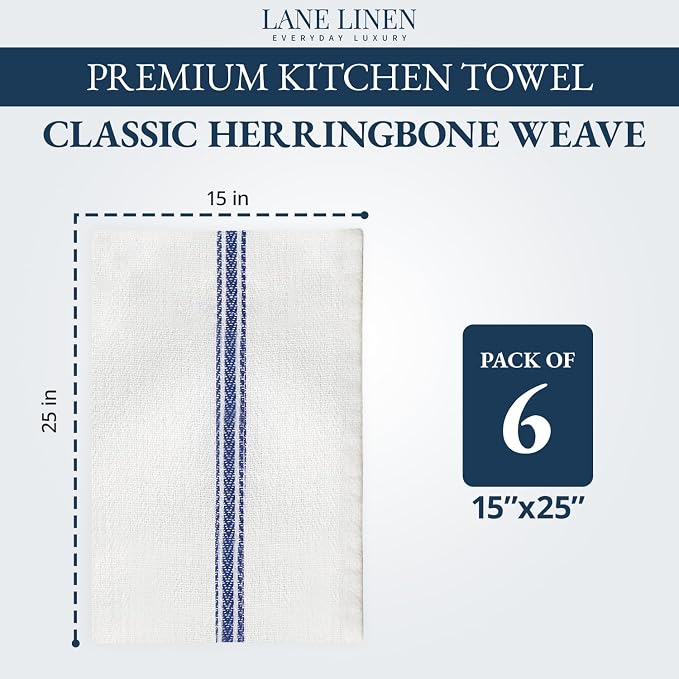 LANE LINEN Kitchen Towels, 6 Pack 14"x25" Dish Drying Towels, 100% Cotton Tea Towel with Hanging Loop, Reusable Napkin, Durable After Multiple Washes, Soft & Absorbent - Blue Stripe