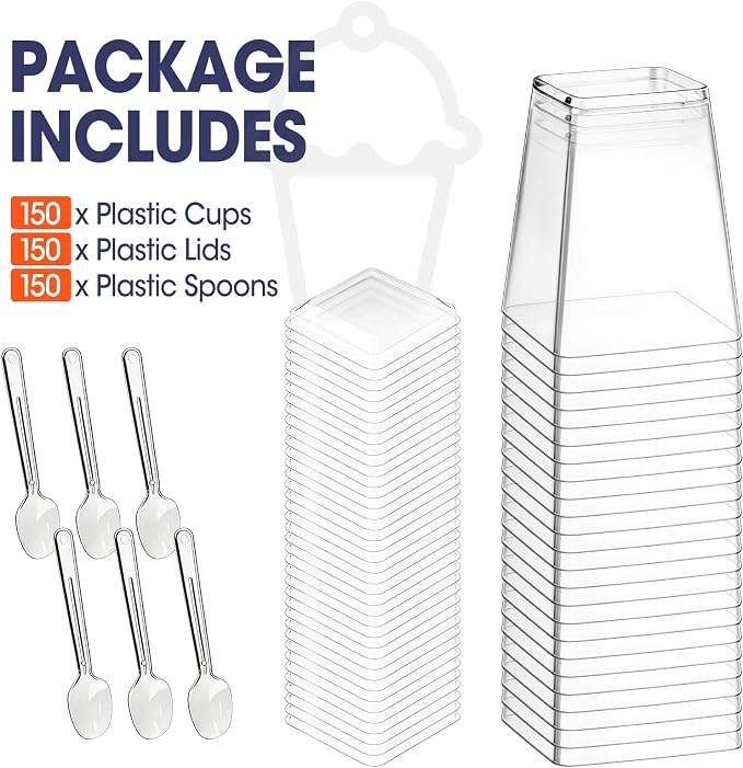 150 Set 5 oz Plastic Dessert Cups with Lids and Spoons, Yogurt Parfait Appetizer Cup with Lids for Party, Disposable Square Mini Dessert Shooters for Pudding, Fruit and Ice Cream