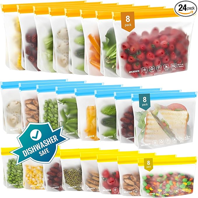 IDEATECH 24Pack Reusable Food Freezer Bags Dishwasher Safe, Leakproof Storage Contaizers, Reusable Bags Various Size for Food Storage, BPA Free Resealable Baggies(8Gallon 8Quart 8Snack,Colored)