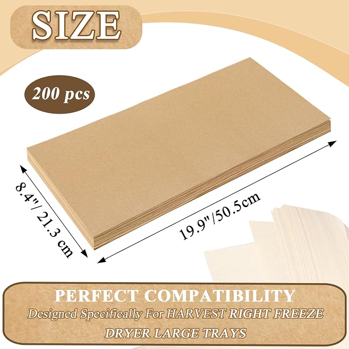 200 PCS Freeze Dryer Tray Mats for Harvest Right Freeze Dryer Trays, Non-Stick Baking Mats One-Off Parchment Paper Compatible with Harvest Right Freeze Dryer Trays (Large - 19.9" x 8.4")