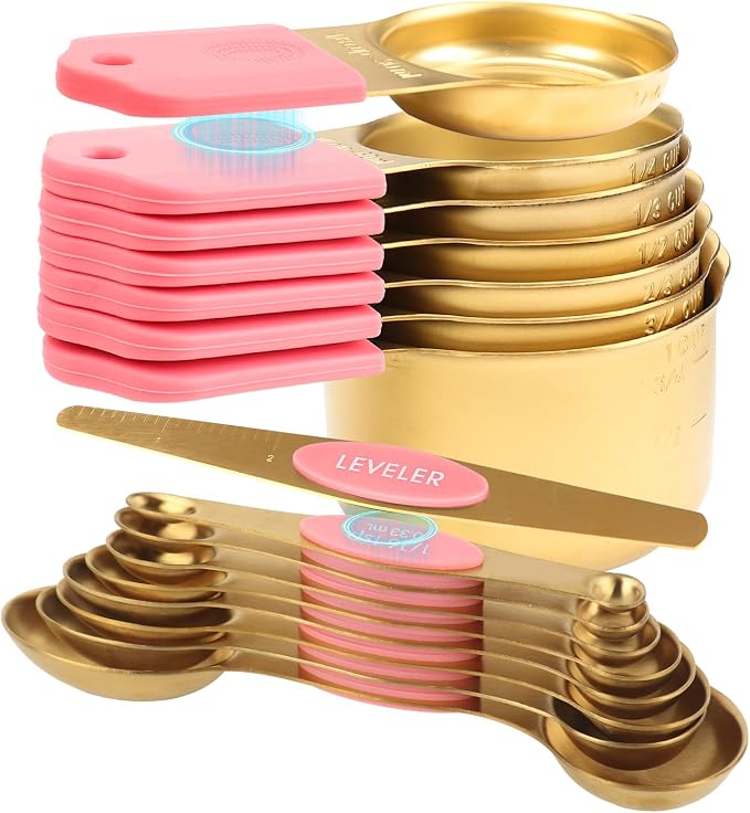 16-Piece Stainless Steel Measuring Cups and Spoons Set, Strong Magnetic Nesting Design 7 Cups 8 Spoons with Leveler, Double Measurement Markings for Dry & Liquid Ingredients, Pink & Gold