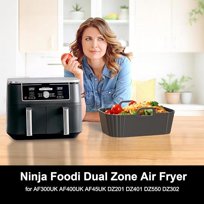 Silicone Air Fryer Liners 2 Pack, Reusable Liners for Ninja Foodi Dual DZ201 DZ401 DZ550 DZ320, COSORI 9QT, Instant & Chefman, Fits 8–10QT Dual Basket Air Fryers
