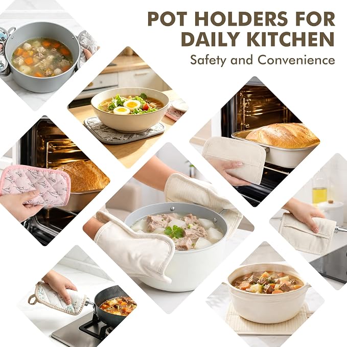 LEEPENK10Piece Pot Holders for Kitchen Heat Resistant,4 Beige Pot Holder with Non-Slip & 4 Japanese Pattern Potholders,Plus 2 Mini Oven Mitts,Hot Pads for Cooking Hot Dishes,Kitchen Aid Pot Holders