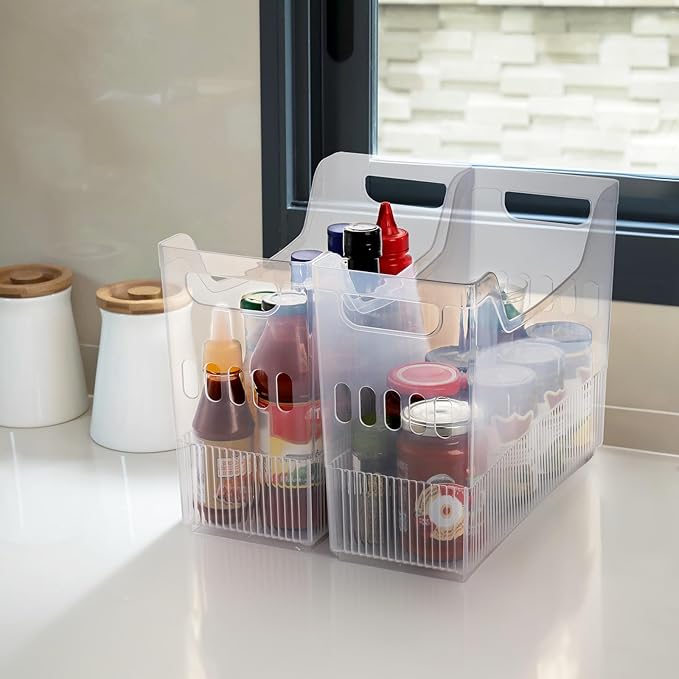 Peohud 3 Pack Freezer Organizer Bins with Wheels, Clear Plastic Pantry Storage Organizer with Handle, Tall Narrow Kitchen Organization Rolling Bins for Fridge, Cabinet, Bathroom, Under Sink, Office