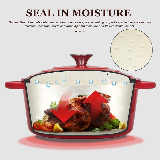 Overmont 5.5QT Enameled Cast Iron Dutch Oven with Lid Cookbook Heavy-Duty Casserole with Dual handles for Braising, Stews, Roasting, Sourdough Baking