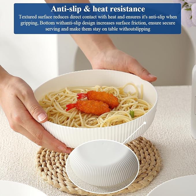 HOMQUEN Pasta Bowls Set of 6, 37oz Salad Bowls White Soup Bowls, Large Pasta Serving Bowls, Unbreakable Plastic Dinner Bowls, Dinnerware Sets,Valentines Day Gift, Dishwasher Safe (White)