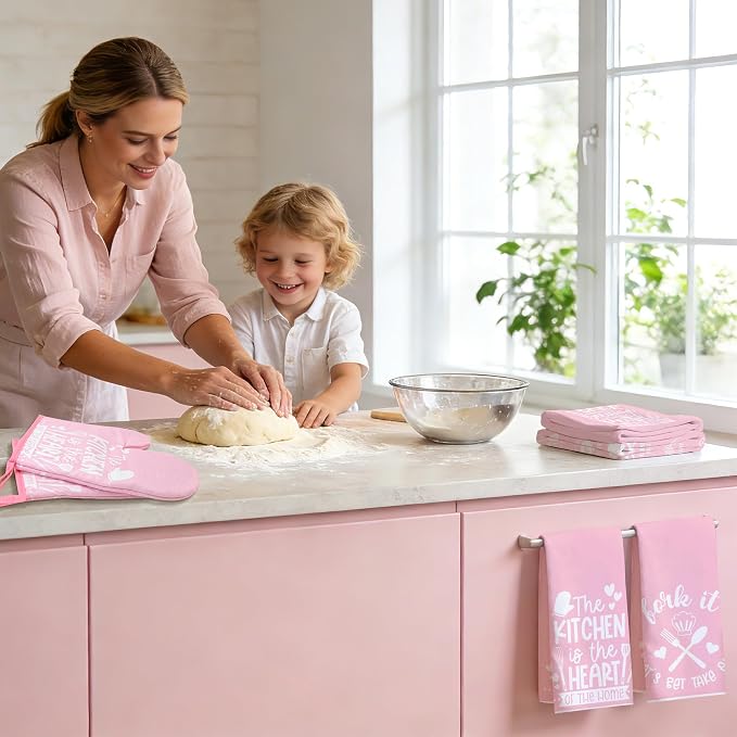 8 Pcs Pink Kitchen Decor Set 4 Pink Kitchen Dish Towels 2 Oven Mitt 2 Pot Holders for Kitchens Cooking Baking Spring Decoration Farmhouse Housewarming Accessories