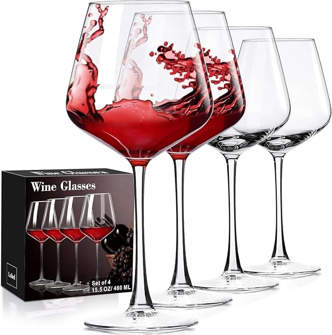 PARACITY Wine Glasses Set of 4, Hand-Blown Long Stem, Clear Glass, 16 fl oz | Wide bowl supports swirling for red and white varieties; clear design suits dinners, weddings, bars and outdoor events.