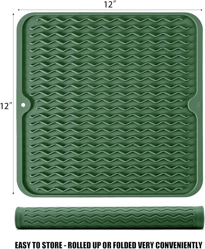 Silicone Dish Drying Mat, Non-Slip Easy Clean Sink Mat, Dark Green, 12"x12" | Quick-Dry Ridges, Large Heat-resistant Dish Drainer Mat for Kitchen Counter, Hangable & Roll-Up for Storage, Dishwasher Safe